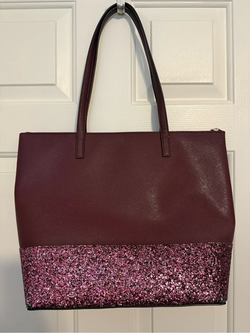 kate spade burgundy tote with pink glitter base